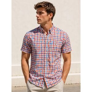 Haupt Mens Short Sleeve Button Down Shirt Red Blue Gingham Check Regular Fit L